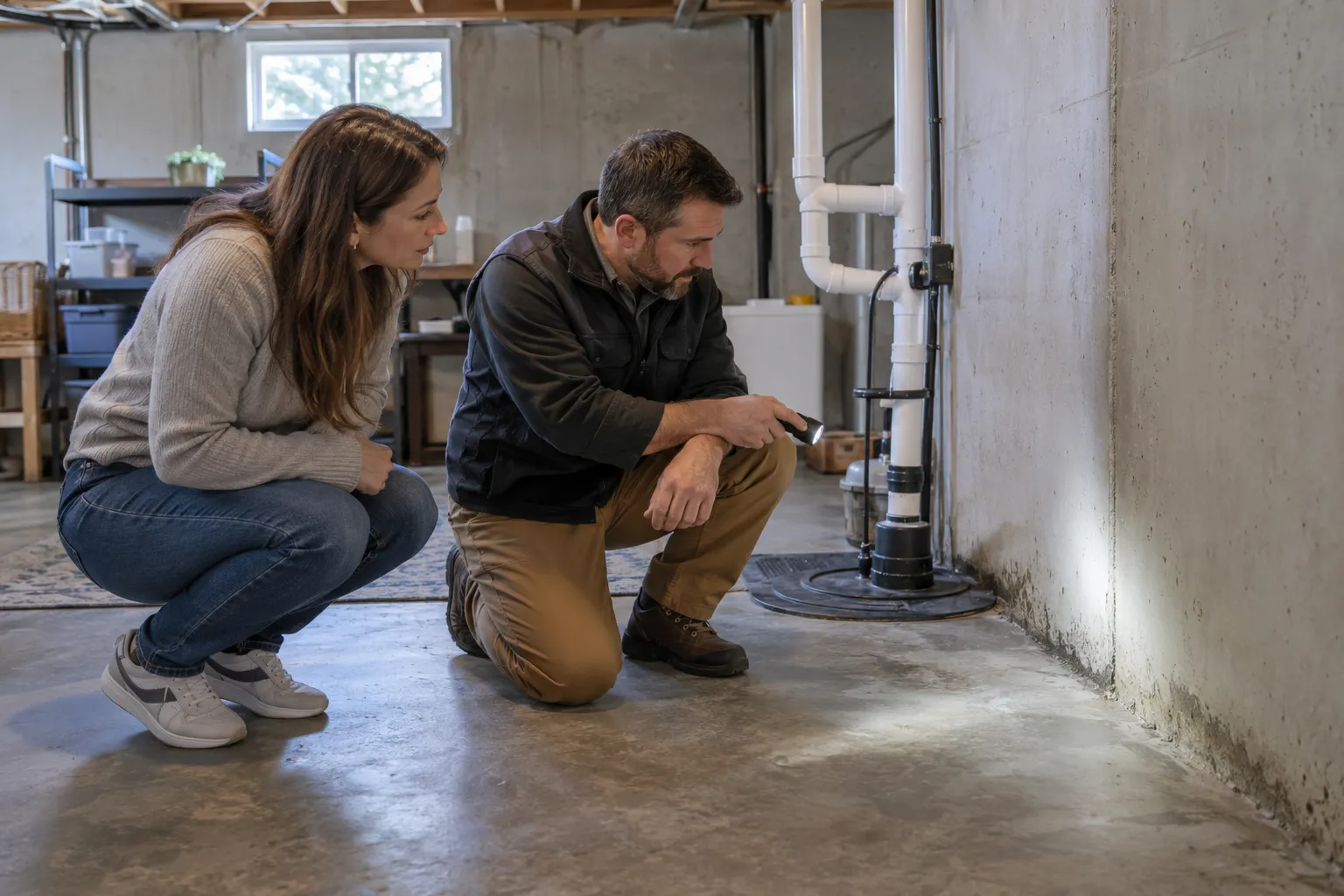 A homeowner in Akron checking a damp basement wall with a provider